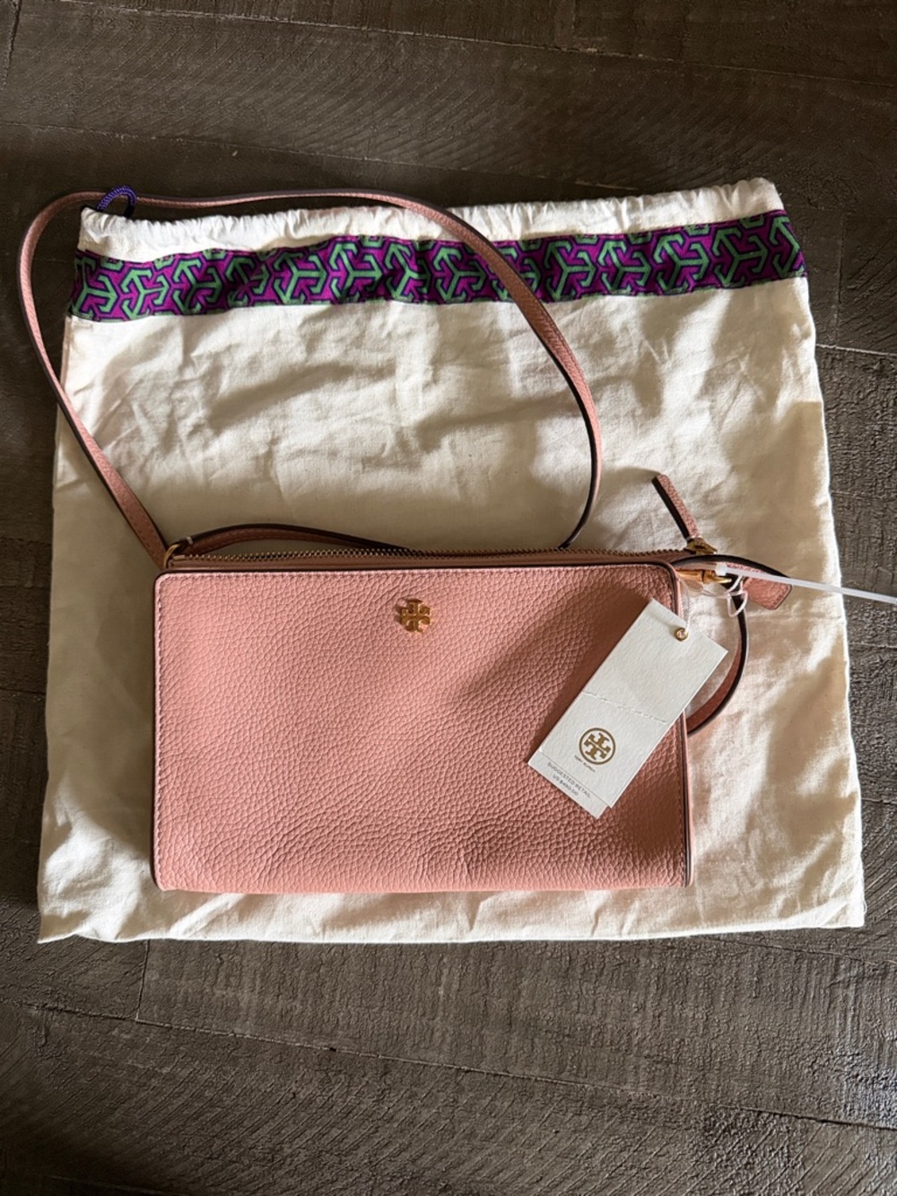Tory Burch Blush Pink Pebbled Leather Crossbody with Gold Logo NWT